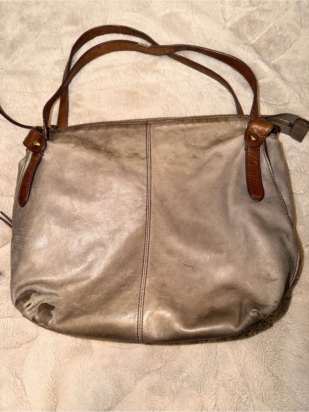 Y2K Vintage HOBO International Gray Slouchy Leather Shoulder Bag Tote Two Tone